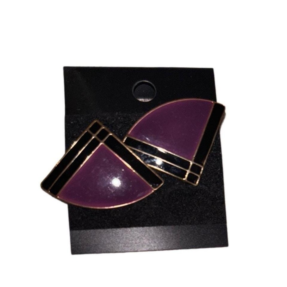 Vintage Art Deco Style Geometric Fan Stud Earrings Purple Black Gold Enamel Post